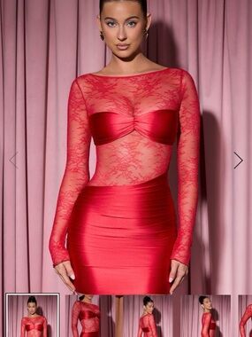 Oh Polly Red Lace Sheer Lace-Panel Dress